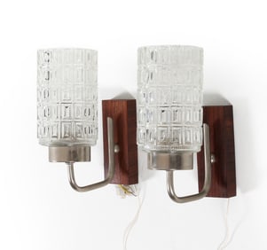 PAIR GERMAN ROSEWOOD & GLASS WALL SCONCES C. 1960S