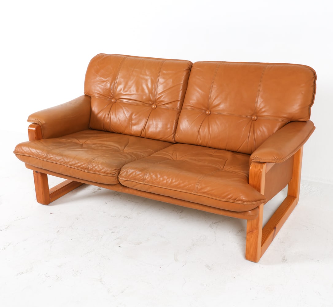 IKEA PINE & LEATHER 'FURUHOF' LOVE SEAT SOFA C. (1 of 15)