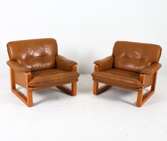 IKEA PINE & LEATHER 'FURUHOF LOUNGE CHAIRS C.1970S