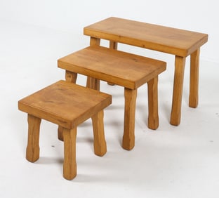 DUTCH BRUTALIST OAK NESTING TABLES C. 1970S