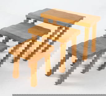 DUTCH BRUTALIST OAK NESTING TABLES C. 1970S: Dimensions: H 17.75" x W 25" x D 12.5" Condition: Minor rubbing and scuffs to legs. Presents well overall. PN156