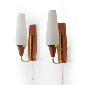 PAIR GERMAN TEAK & GLASS WALL SCONCES C. 1960S