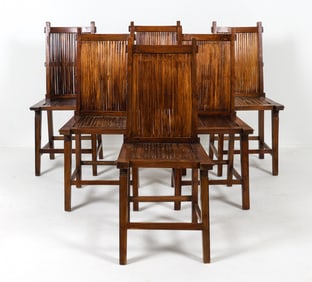 (6) DUTCH OAK AND BAMBOO DINING CHAIRS C. 1940S