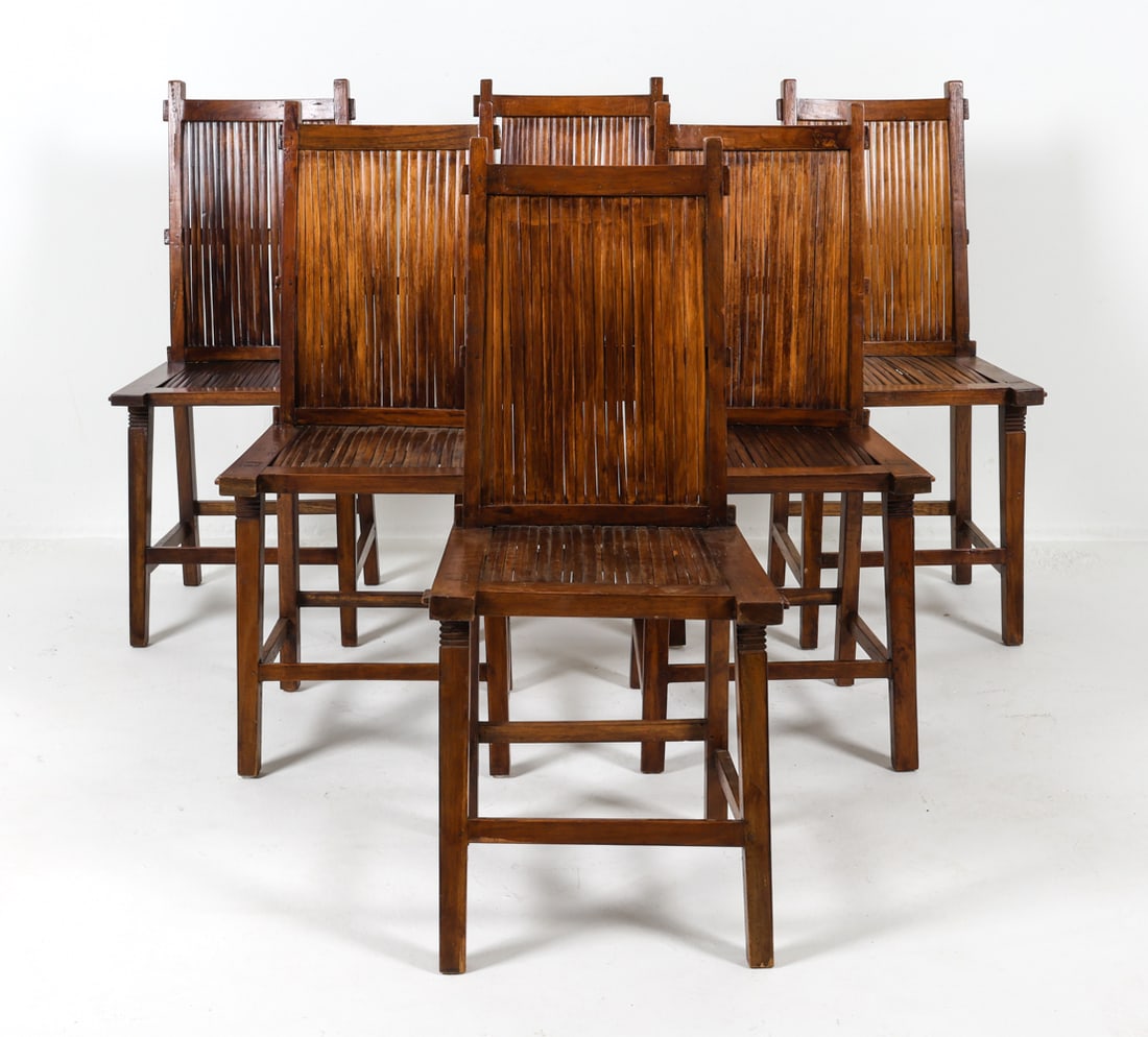 (6) DUTCH OAK AND BAMBOO DINING CHAIRS C. 1940S (1 of 14)