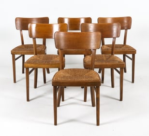 (6) DUTCH BEECH & RUSH DINING CHAIRS C. 1940S
