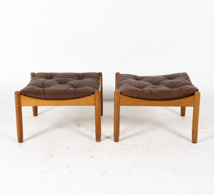 PAIR OF SCANDINAVIAN OAK & LEATHER OTTOMANS 1960S