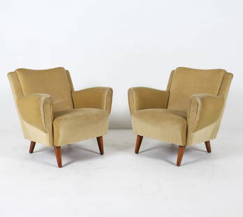 PAIR GERMAN MOHAIR LOUNGE CHAIRS C. 1960S: Green-tone green mohair upholstery. Dimensions: H 30" x W 30" x D 25", SH 16" Condition: Moderate rubbing, thinning and fraying to upholstery to armrests and back rest edges. Scuffs and nicks to legs.