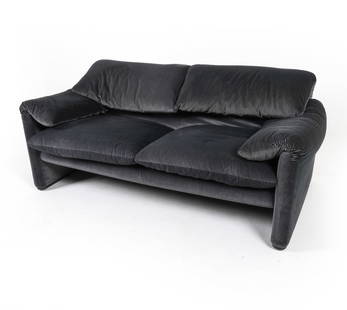 CASSINA MARALUNGA LOVESEAT SOFA C. 1970S: Marked to undersides. Black striped pattern upholstery. Dimensions: H 28' x W 61" x D 32", Sh 15" Condition: Slight discoloration to upholstery. Presents well overall. PN174
