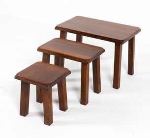 DUTCH BRUTALIST OAK NESTING TABLES C. 1970S