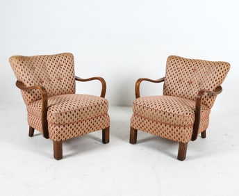 PAIR DUTCH ART DECO DAMASK LOUNGE CHAIRS C. 1930S
