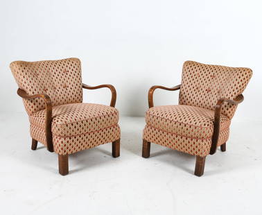 PAIR DUTCH ART DECO DAMASK LOUNGE CHAIRS C. 1930S: Damask wool & mohair patterned upholstery. Dimensions: H 30" x W 26.25" x D 25", SH 17" Condition: Moderate water marks and scuffs to armrests. Upholstery presents well overall. PN167
