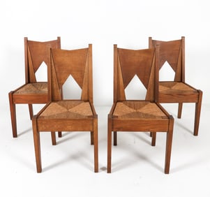 (4) DUTCH ART DECO OAK & RUSH DINING CHAIRS