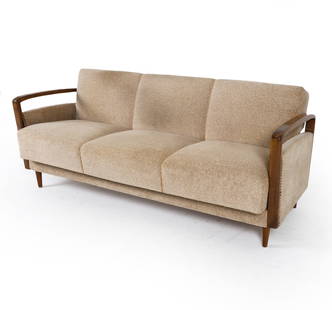 MID-CENTURY GERMAN SOFA DAYBED C. 1960S: Sofa with drop down back rest to become a daybed. Wool upholstery. Dimensions: H 29.5" x W 68" x D 30" , SH 17" Condition: Moderate discoloration to cushions. Nicks and rubbing to armrests. Wear consi