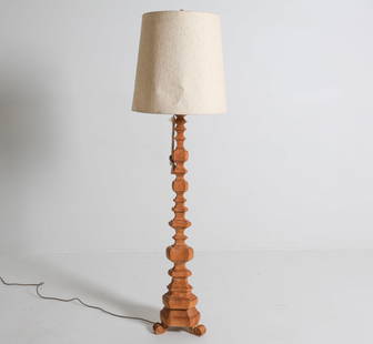 DUTCH OAK FLOOR LAMP C. 1950S: Dimensions: H 71" x Dia. Base 11.5". Condition: Wiring untested, European plug. Few dents to shade. Wear consistent with age and use. PN191