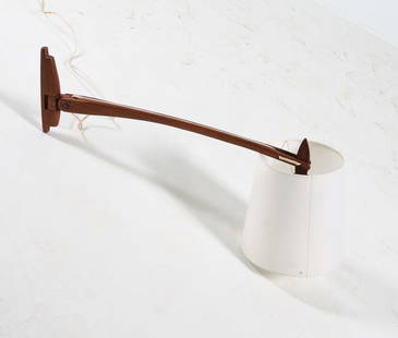DUTCH TEAK WALL SCONCE C. 1960S: Adjustable arm wall light. Dimensions: H 11" x W 9" x D 27". Condition: Wiring untested, European plug. Few discolored streaks to shade. Wear consistent with age and use. PN125