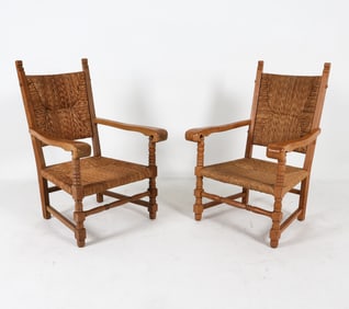 (2) DUTCH OAK & RUSH ARMCHAIRS C. 1960S