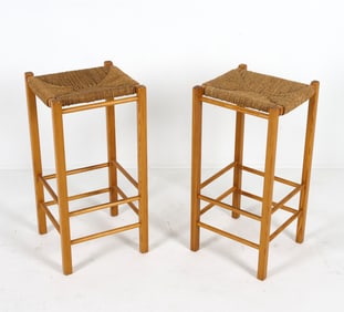 PAIR SWEDISH PINE & PAPER CORD STOOLS C. 1970S