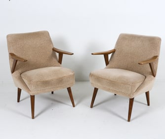 PAIR DUTCH BEECH &WOOL LOUNGE CHAIRS C. 1960S