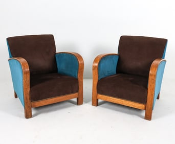 DUTCH ART DECO OAK & WOOL LOUNGE CHAIRS