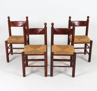(4) DUTCH BRUTALIST OAK & RUSH DINING CHAIRS C.: Circa 1960s. Dimensions: H 36" x W 17.5" x D 17.5", SH 18.25" Condition: Seats rest upon frame- are not affixed. Rubbing and surface marks. Presents well overall. PN045
