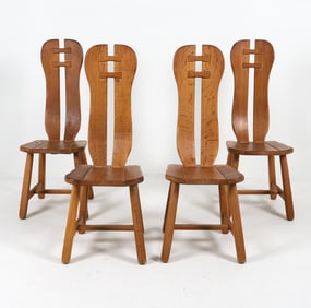 (4) DE PUYDT BRUTALIST OAK DINING CHAIRS C. 1970S