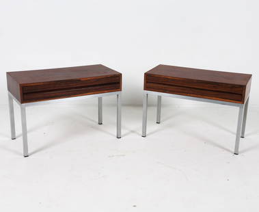 PAIR DANISH ROSEWOOD SIDE TABLES C. 1960S: Denmark. Circa 1960s. Dimensions: H 19" x W 27.5" x D 14" Condition: Minor scratches and blemishes to metal frames. Presents well overall. PN101