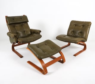 RYKKEN TEAK & LEATHER LOUNGE CHAIRS & OTTOMAN