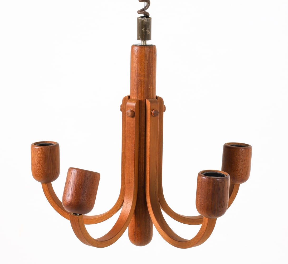 DOMUS DANISH TEAK PENDANT CHANDELIER C. 1960S: Dimensions: H 17.75" x Dia. 17.75". Condition: Wiring untested. Minor scuffs and dings. Wear consistent with age and use. PN121