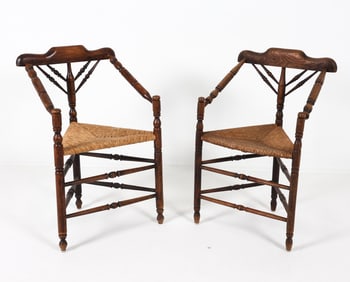 (2) DUTCH OAK & RUSH CORNER CHAIRS C. 1920S