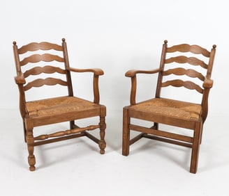 PAIR OF DUTCH OAK & RUSH ARMCHAIRS C. 1950S