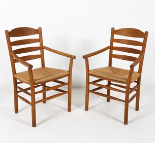 PAIR DUTCH OAK & RUSH ARMCHAIRS C. 1960S