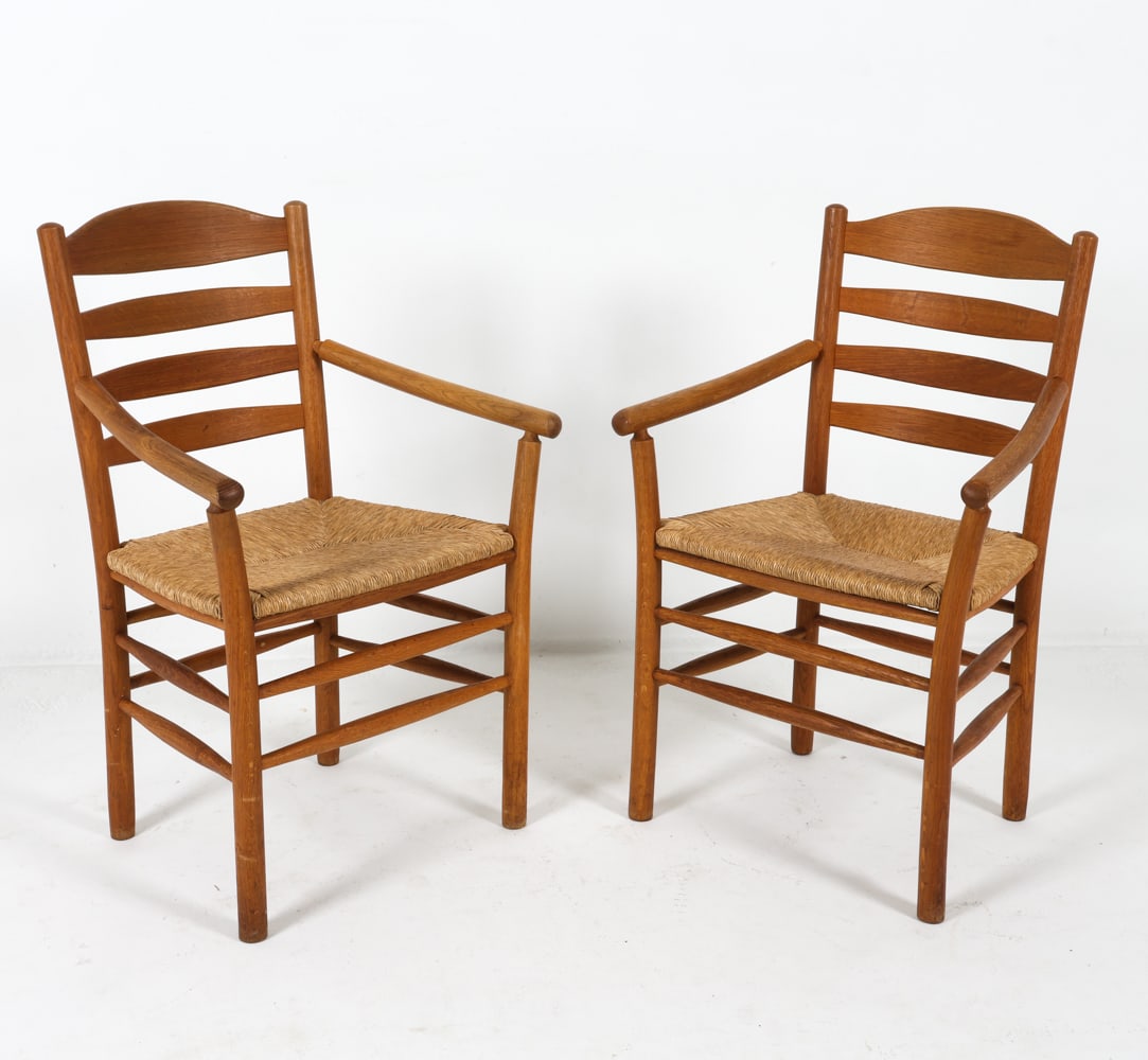 PAIR DUTCH OAK & RUSH ARMCHAIRS C. 1960S (1 of 14)