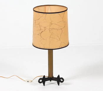 DUTCH BRASS & CAST IRON TABLE LAMP C. 1970S: Dimensions: H 27" x Dia. Base 9.5". Dia. Shade 12.25". Condition: Wiring untested, European plug. Wear consistent with age and use. PN079