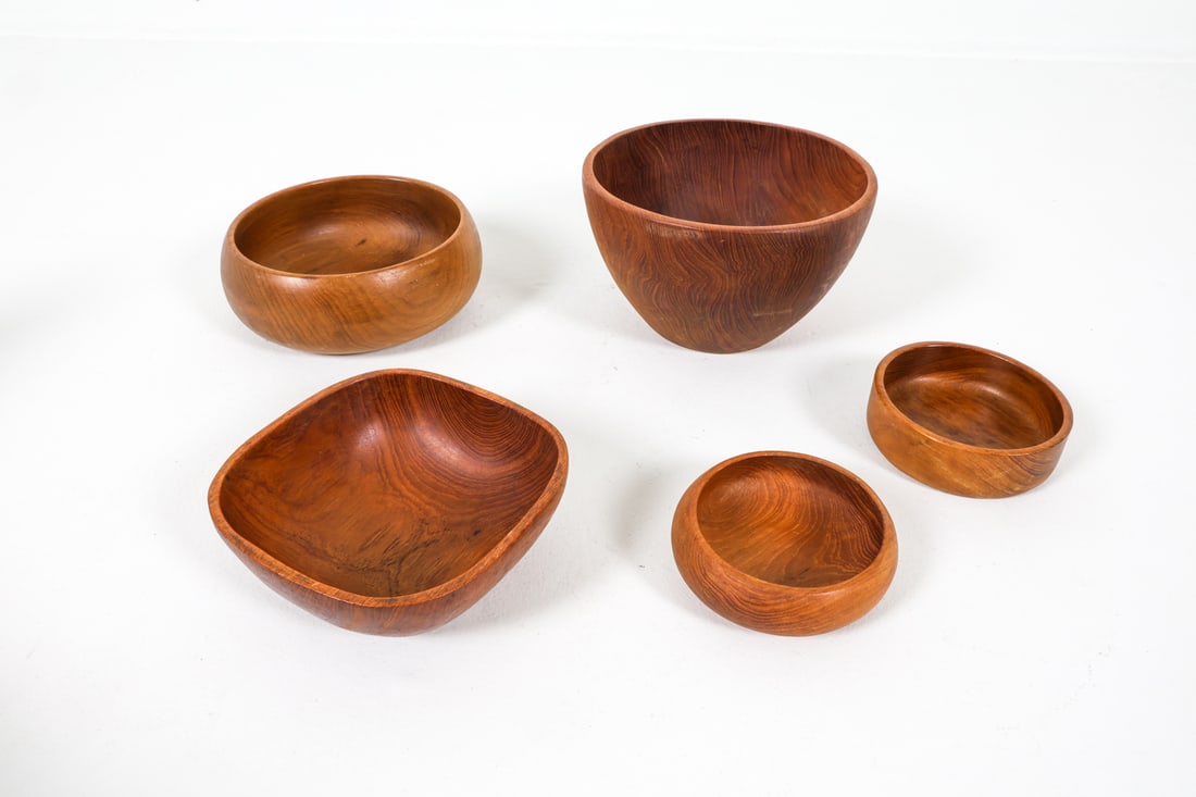 SCANDINAVIAN TEAK BOWL GROUPING C. 1960S: Dimensions: Largest Bowl H 6.25" x Dia. 10". Condition: Minor scuffs and dings. Wear consistent with age and use. PN217