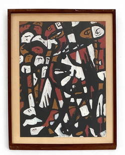 GEORGE SUGARMAN (1912-1999) ABSTRACT O/P: Abstract work on paper using whites, reds, yellows and a contrasting black. Signed G. Sugarman lower center. Dimensions: (Frame) H 29'' x 23' (Sight) H 24.5'' x W 18.5" Condition: Age toning to mat wi