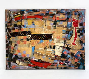 ALLAN HUGH CLARKE (NY, 1919-1979) ABSTRACT M/M: Large abstract mixed media on canvas. Features many different colors including stitched and glued on elements. Apparently unsigned. With old tag present. Dimensions: H 53" x W 42.25" Condition: Wear c