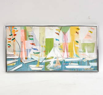 JULIA SHERMAN ABSTRACT HARBOR SCENE O/B: Colorful abstract with many sailing ships. Signed lower right. Oil on canvas board. Dimensions: (Frame) H 12.25" x W 24.25" (Sight) H 11.5" x W 23.5" Condition: Light wear, soiling, and surface scratc