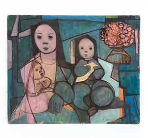 A. GREEN MODERNIST PORTRAIT O/B PAINTING