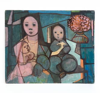 A. GREEN MODERNIST PORTRAIT O/B PAINTING: Portrait of a mother and two children sitting in chairs with a flower vase in the background. Geometric shapes and dull colored faces. Signed A. Green lower right. Oil on masonite. Dimensions: H 28" x