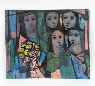 A. GREEN MODERNIST FIGURES O/B PAINTING