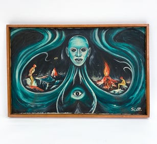 MID-CENTURY SCI-FI SURREALIST O/C PAINTING