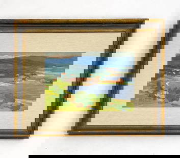 IMPRESSIONIST LANDSCAPE WATERCOLOR: Landscape of mountains, farmland, and a pond or lake. Indistinctly signed Abby D. T... and dated 1926 lower left. Dimensions: (Frame) H 18.5'' x W 22.5'' ( Sight) H 9.5'' x W 13.5'' Condition: Stray m