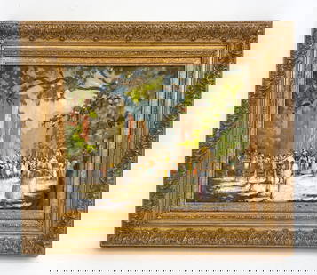 WASHINGTON SQUARE PARK NYC O/B: Scenic view of Washington Square Park. Indistinctly signed ...Bel lower left. Dimensions: ( Frame) H 24.25" 'x W 29'' (Panel) H 16.25" x W 20.25" Condition: Some soiling to backside of board.