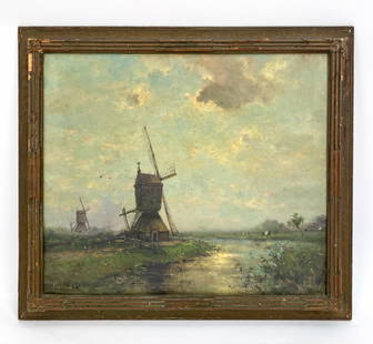 19TH C. DUTCH LANDSCAPE O/C PAINTING: Painting of a windmill with a river. Indistinctly signed lower left. Dimensions: (Frame) H 29.5" x W 23.5" (Canvas) H 23.75" x W 33.75" Condition: Light soiling on the back, minor losses, chips and ni