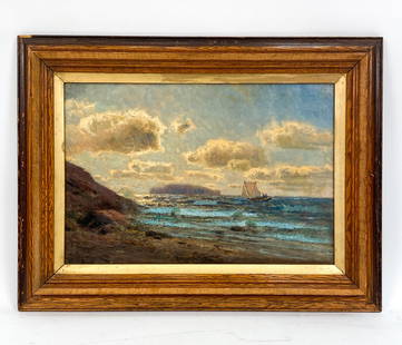 C. 1900 SEASCAPE O/C PAINTING: Indistinctly signed lower left. Remains of label on verso. Dimensions: (Frame) H 21.5'' x W 28.5'' (Canvas) H 15'' x W 22'' Condition: Presents signs of wear, including minor scratches on the frame an