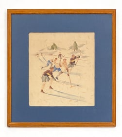 C. 1940S AIRBRUSH PAINTING HOCKEY PLAYERS