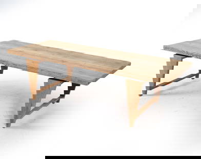 ILLUM WIKKELSO DANISH OAK COFFEE TABLE C. 1970S: Sculptural legs. Denmark. Dimensions: H 18.5" x W 65" x D 26.25" Condition: Moderate scuffs, scratches and water marks. Wear consistent with age and use. DMQ140