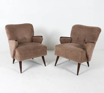 PAIR MID-CENTURY DANISH LOUNGE CHAIRS C. 1970S: Brown-tone wool upholstery. dimensions: H 30.5" x W 22.5" x D 24" , SH 17" Condition: Moderate rubbing and scuffs to armrests and legs. Light musty odor to upholstery. Wear consistent with age and use