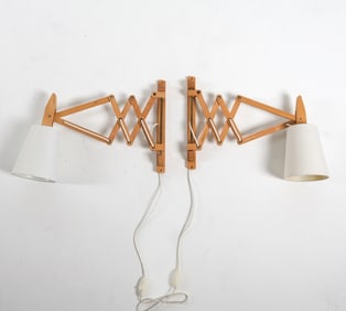 PAIR DANISH PINE SCISSOR WALL SCONCES C. 1960S