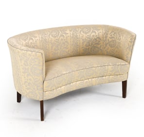 SCANDINAVIAN ART DECO SILK CURVED SOFA C. 1940S